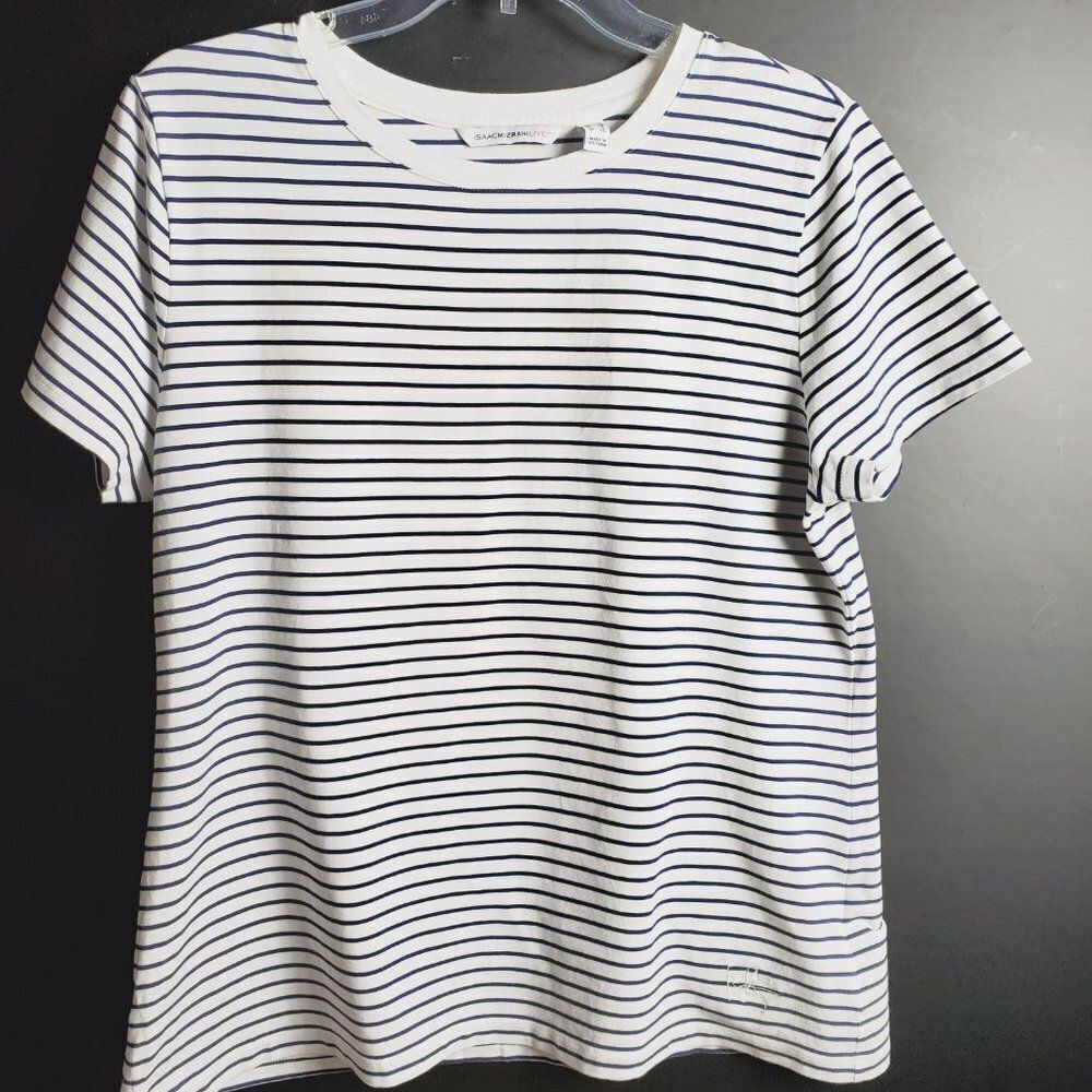 Isaac Mizrahi Live! Black and White Striped Crew Neck Top White Trim Sz M - Picture 1 of 7